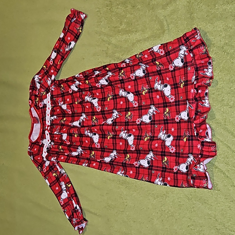Peanuts Girls Snoopy Woodstock Holiday Winter Snowflakes Red Plaid Nightgown XS